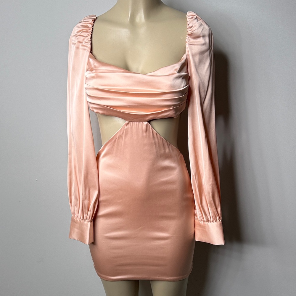 Oh Polly Peach Satin Long Sleeve Cutout Mini Dress